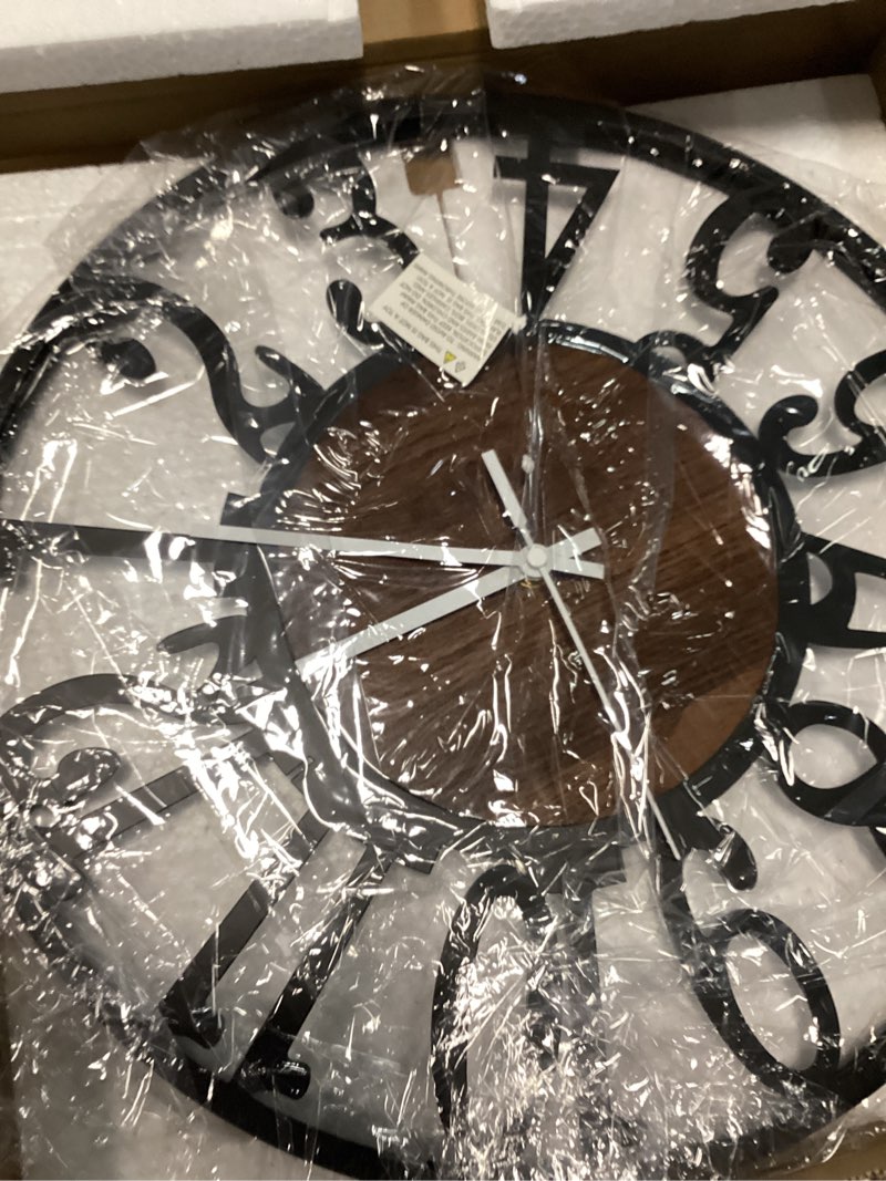 Condition photo showing Good Condition for Maxstar Round Wall Clock for Living Room Decor Battery Operated Non Ticking Black Metal Wood Clocks for Home Living Room Garden Office Kitchen Decoration -16 inch Black-arabic Numerals 16 Inch