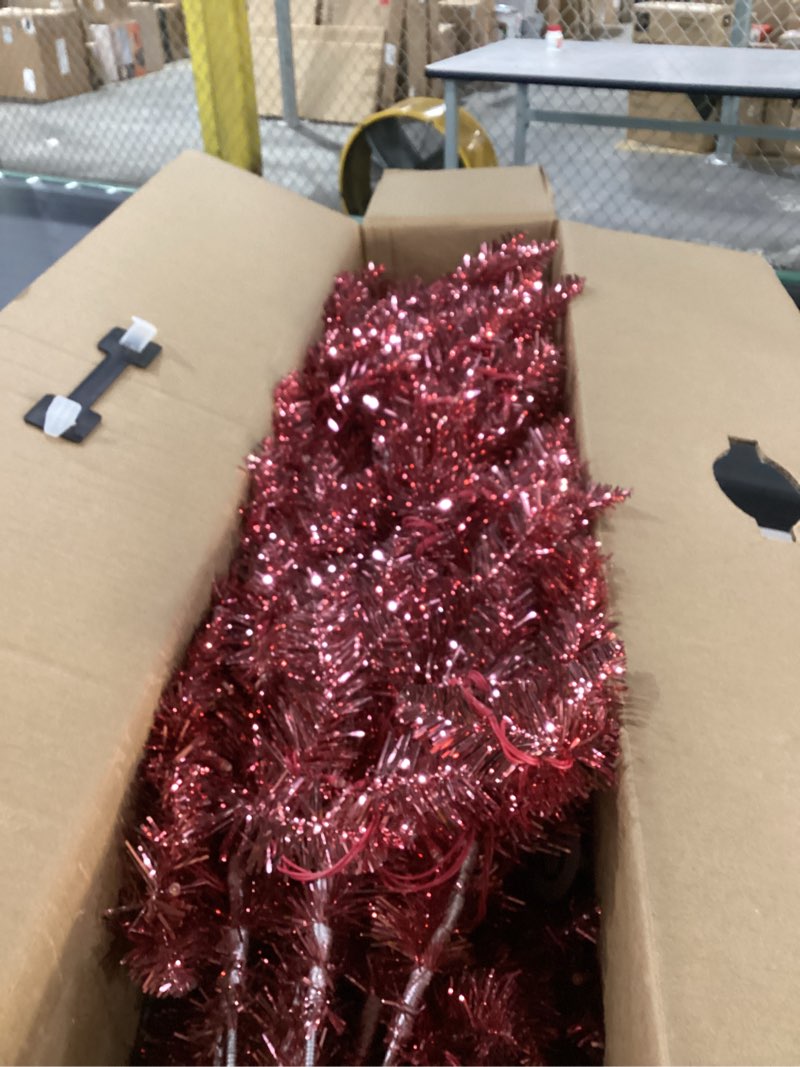 Condition photo showing New/Like New for 7.5FT Prelit Slim Artificial Pink Tinsel Christmas Tree with 250 Warm White LED Lights, Sparkling Skinny Pencil Metallic Tree for Bedrooms, Living Rooms Modern Holiday Décor Reddish Pink Tinsel With Warm White Lights 7.5FT