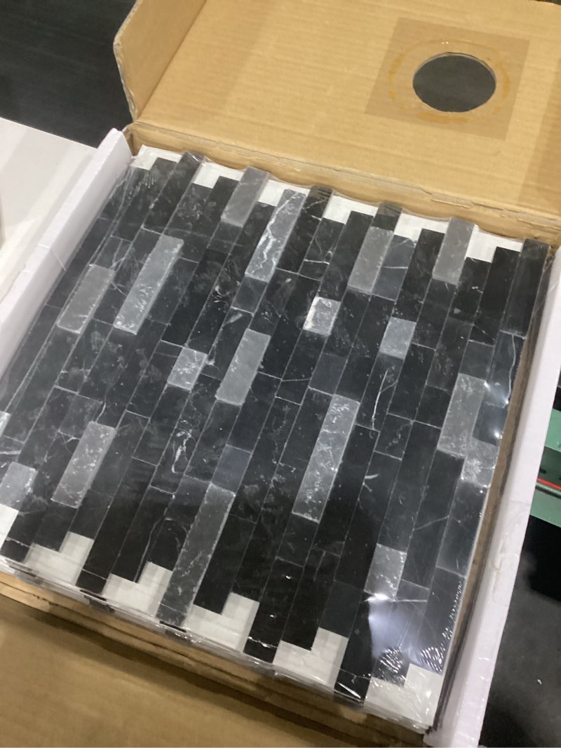 Condition photo showing Good Condition for sunwings 5-sheet peel and stick mosaic natural 3d stone self adhesive marble tiles, 11.5" x 10.7" stick on backsplash for kitchen bathroom fireplace vanity, mixed black mixed black 11.54*10.75*0.32inch(5 sheets)
