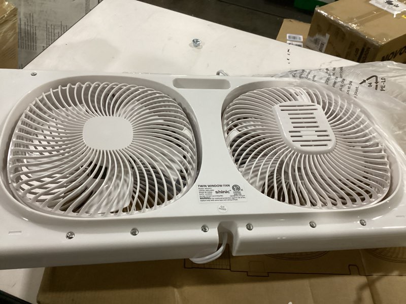Condition photo showing As Is for shinic 9" twin window fan with 180°+90° rotatable fans, 2-speeds, vertical window fan with rigid & accordion expanders, width adjustable (21.65" to 33.27"), ideal for home, kitchen, bedroom, office