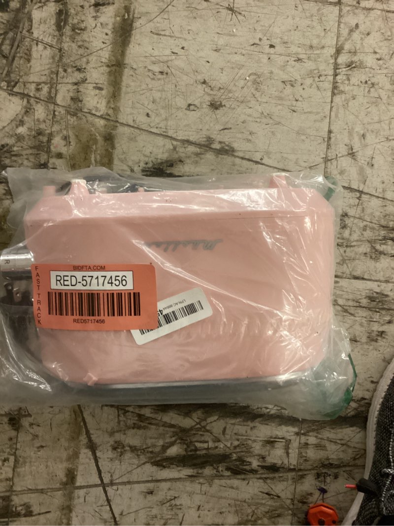 Condition photo showing As Is for mueller home retro toaster 2 slice, 7 browning levels, 3 functions (reheat, defrost, cancel), stainless steel features, removable crumb tray, under base cord storage, pink kitchen accessories décor 2 slice pink