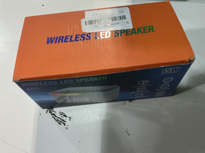 Condition photo showing New/Like New for bluetooth speaker with wireless charging, alarm clock radio for bedrooms 6 in 1 dimmable digital clock with fm radio white noise charging station rgb led night light for iphone samsung