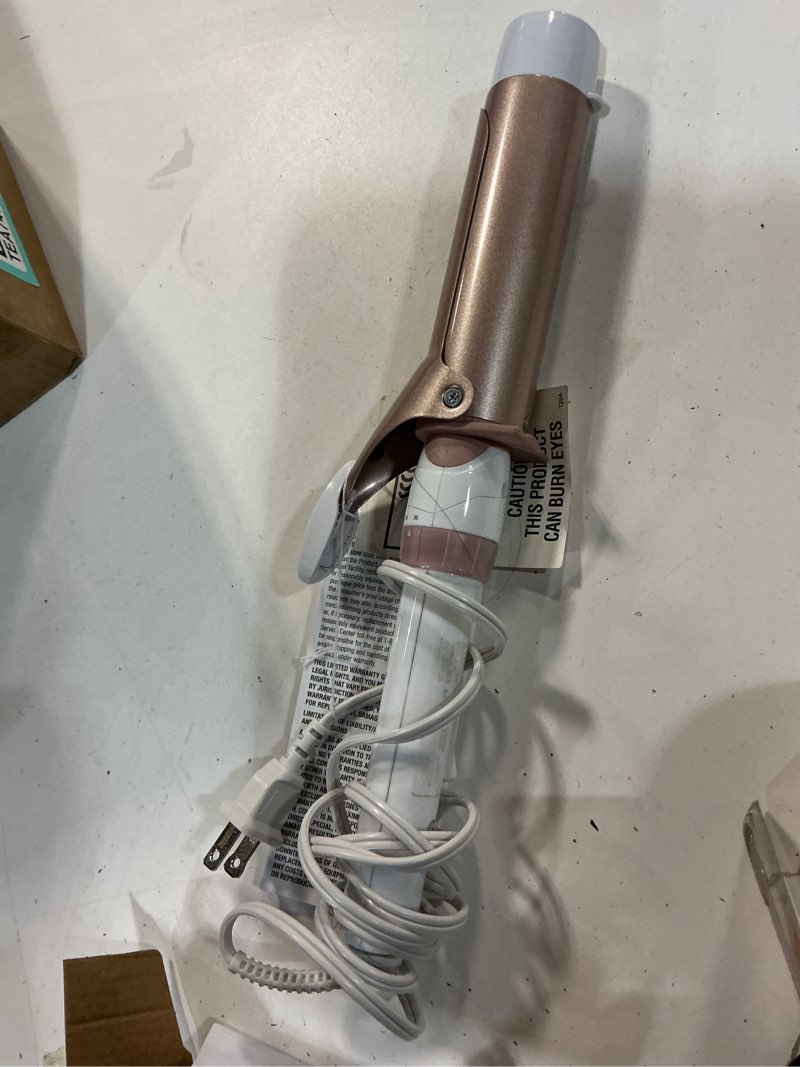 Condition photo showing As Is for conair double ceramic 1 ½-inch curling iron, 1 ½-inch barrel creates soft waves & curls, hair curler for use on medium & long hair, white/rose gold white/rose gold 1.5 inch