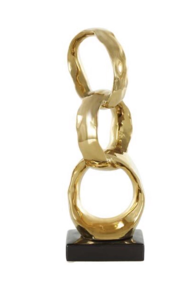 Gold Ceramic Interlocked Rings Abstract Sculpture with Black Base