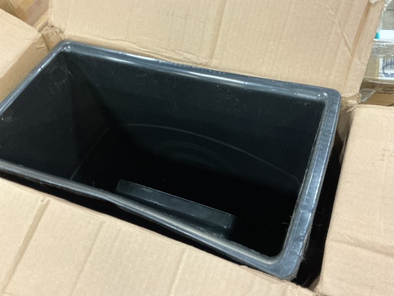 Condition photo showing As Is for united solutions highboy waste container with swing lid, 23 gallon, space saving slim profile and simple bag removal, handles for easy carrying, indoor/outdoor use, plastic, black, 1-pack. 1 pack w/ lid black