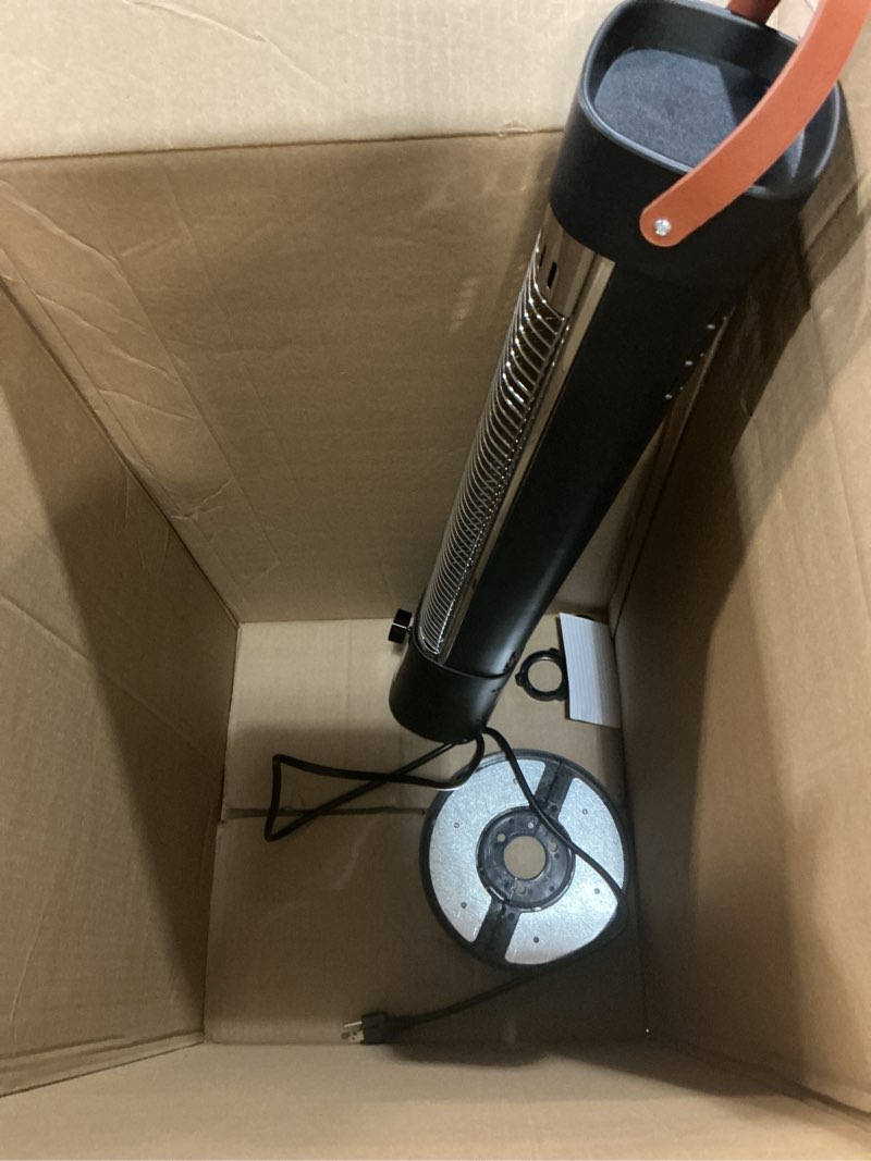 Condition photo showing As Is for patio heater for outdoor use, infrared electric outdoor heater, 1500w instant heating, 60-degree oscillation, 9 heat levels, 9h timer, remote, backyard, indoor, 32.2”, jet