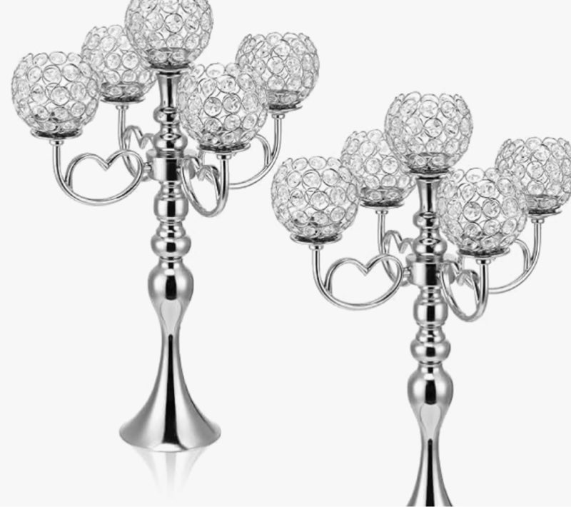 2 Pack 5 Arm Crystal Candelabra Centerpieces 21.5 Inch Tall Candle Holder Table Candelabra Stand with Crystal Candle Holder Bowl for Home Wedding Anniversary Dinner Party Table Decoration (Silver)