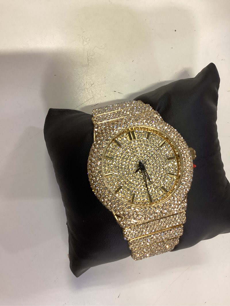 Condition photo showing New/Like New for men’s fully iced out diamond simulate quartz watch – includes watch adjustment tool – gold dial