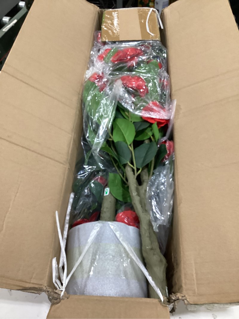 Condition photo showing Good Condition for 2-pack 4ft artificial camellia tree,realistic fake potted plants with flowers&planters,indoor/outdoor faux flowering trees for home,office,porch,wedding,and housewarming gift decor,red