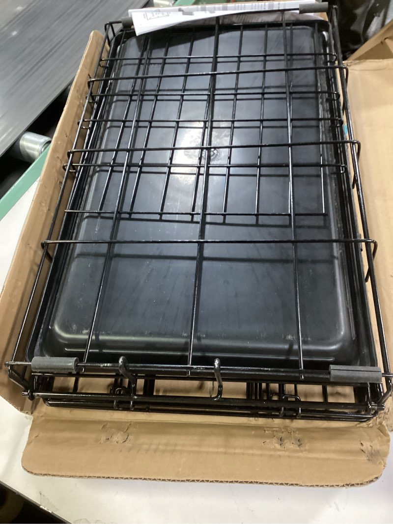 Condition photo showing As Is for Amazon Basics Durable,Foldable Metal Wire Dog Crate with Tray, Double Door, 30 x 19 x 21 in, Black 30.0"L x 19.0"W x 21.0"H Double Door w/ Divider