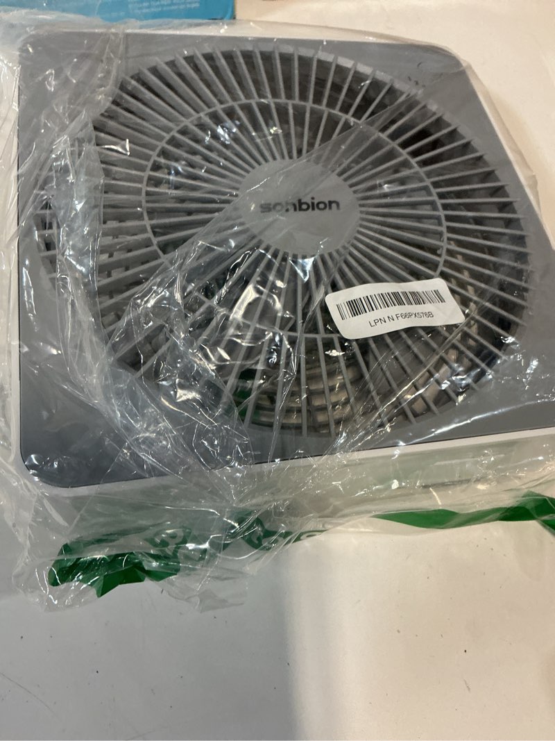 Condition photo showing As Is for small box fan, 10 inch window fan with 3 speeds strong airflow, dc adapter square table fan for office bedroom living room apartment, quiet and lightweight, 5ft power cord