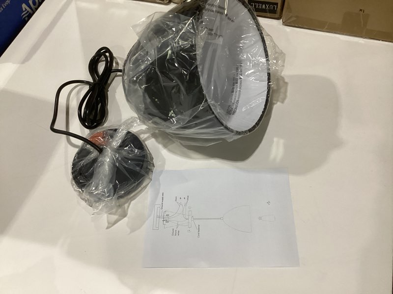 Condition photo showing Good Condition for modern pendant light, 6.6\"x6.6\"x7\" iron hanging fixture with warm oak woodgrain, 15\"-72\" adjustable cord, e26 socket, 4.7\" ceiling canopy for kitchen, entryway – carbon black, similar to stock photo
