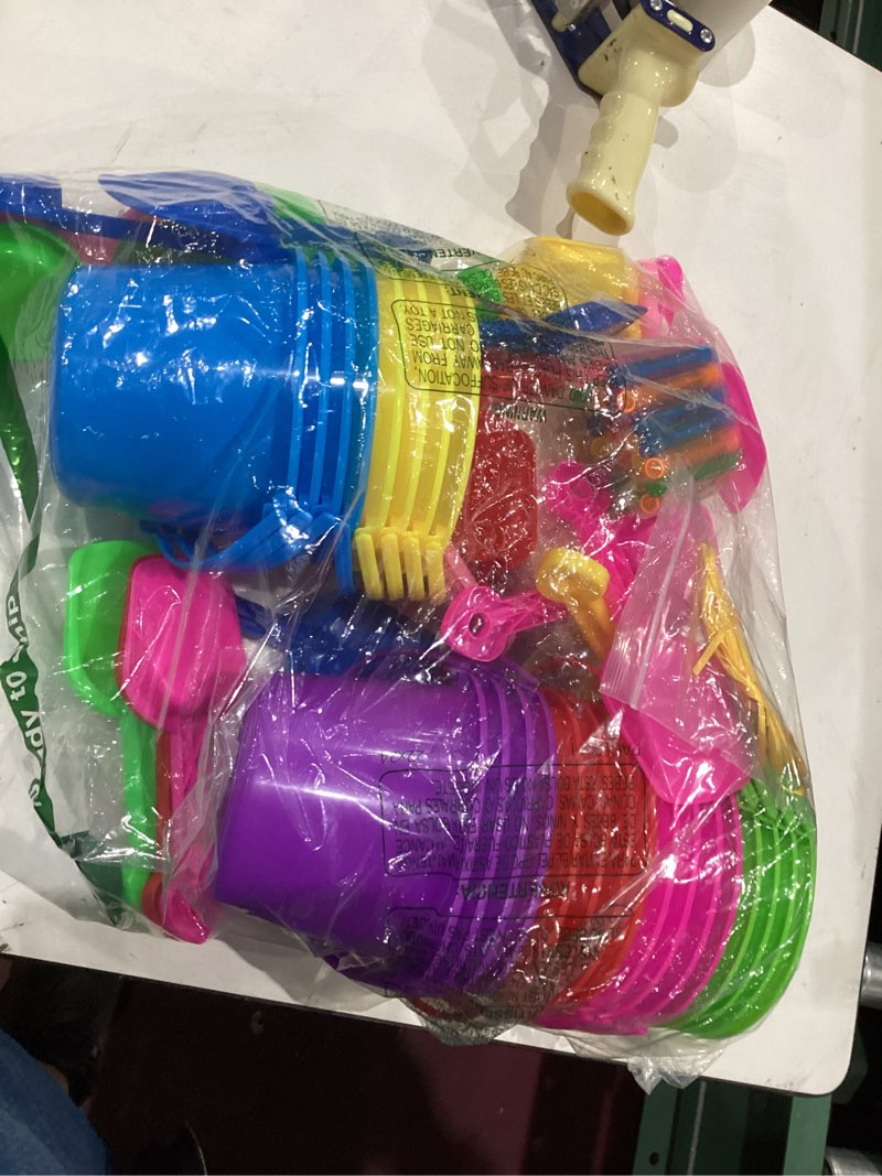 Condition photo showing Good Condition for woanger set o 24 beach pails, buckets and shovels - 5 inch sand play set - colorful plastic beach buckets - sand castle kit for boys and girls birthday party favor with chalk and bubbles