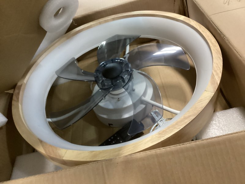 Condition photo showing As Is for 20” Ceiling Fan with Light, Dimmable LED Timing with Remote Control, 5 Invisible Reversible Blades Semi Flush Mount Low Profile Fan, Wood Wooden Frame