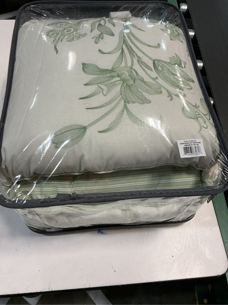 Condition photo showing New/Like New for Laura Ashley Home - Queen Duvet Cover Set, Reversible Cotton Bedding, Includes Matching Shams with Bonus Euro Shams & Throw Pillows (Natalie Green, Queen)