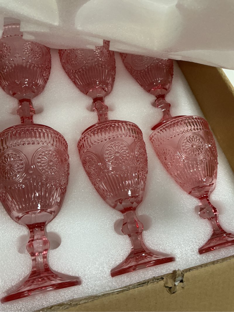 Condition photo showing Good Condition for pink glass goblets wine glassware, 10 oz vintage wine glasses set of 12, romantic wedding glass set, embossed drinking stemware beverage cups for wedding engagement christmas party bar pink-12pcs