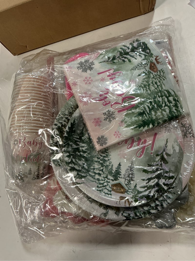 Condition photo showing New/Like New for Winter Baby Shower Decorations Girl, Pink Baby It's Cold Outside Baby Shower Woodland Plates Napkins Tablecloth Banner Backdrop Balloon Box Cake Cupcake Topper for Girl Gender Reveal