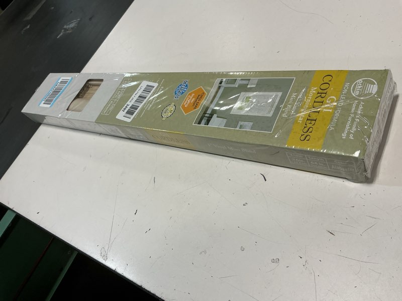 Condition photo showing New/Like New for Cordless Light Filtering Mini Blind - 25 Inch Width, 64 Inch Length, 1" Slat Size - Alabaster - Cord