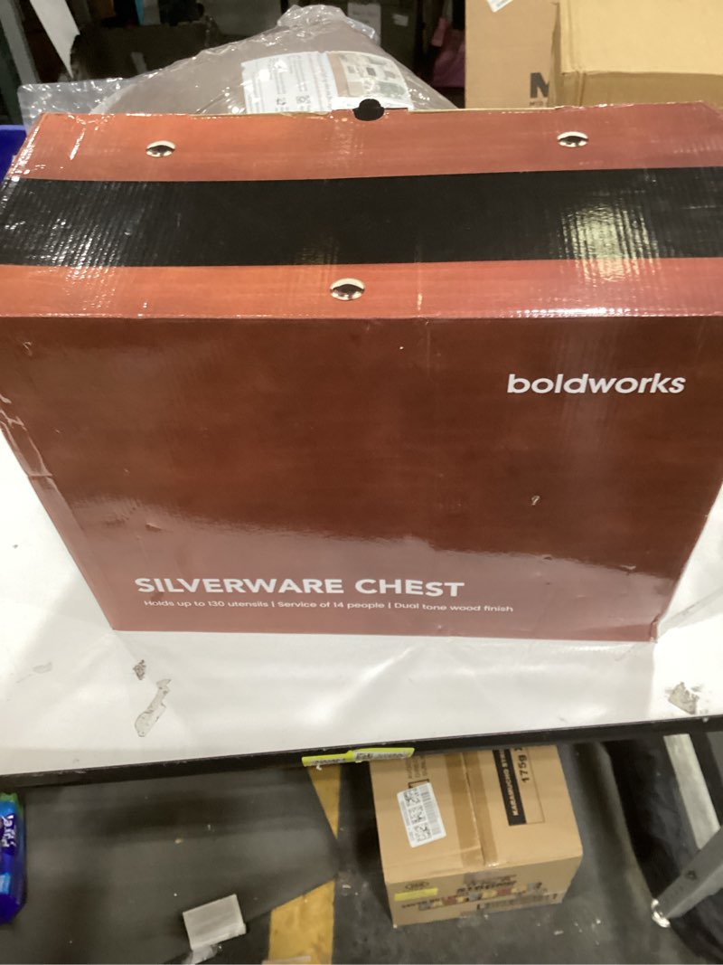 Condition photo showing New/Like New for boldworks silverware storage box silverware chest case for silver flatware with lid tarnish proof felt lined partition and drawer holds service for 14 includes polishing cloth 2 tier