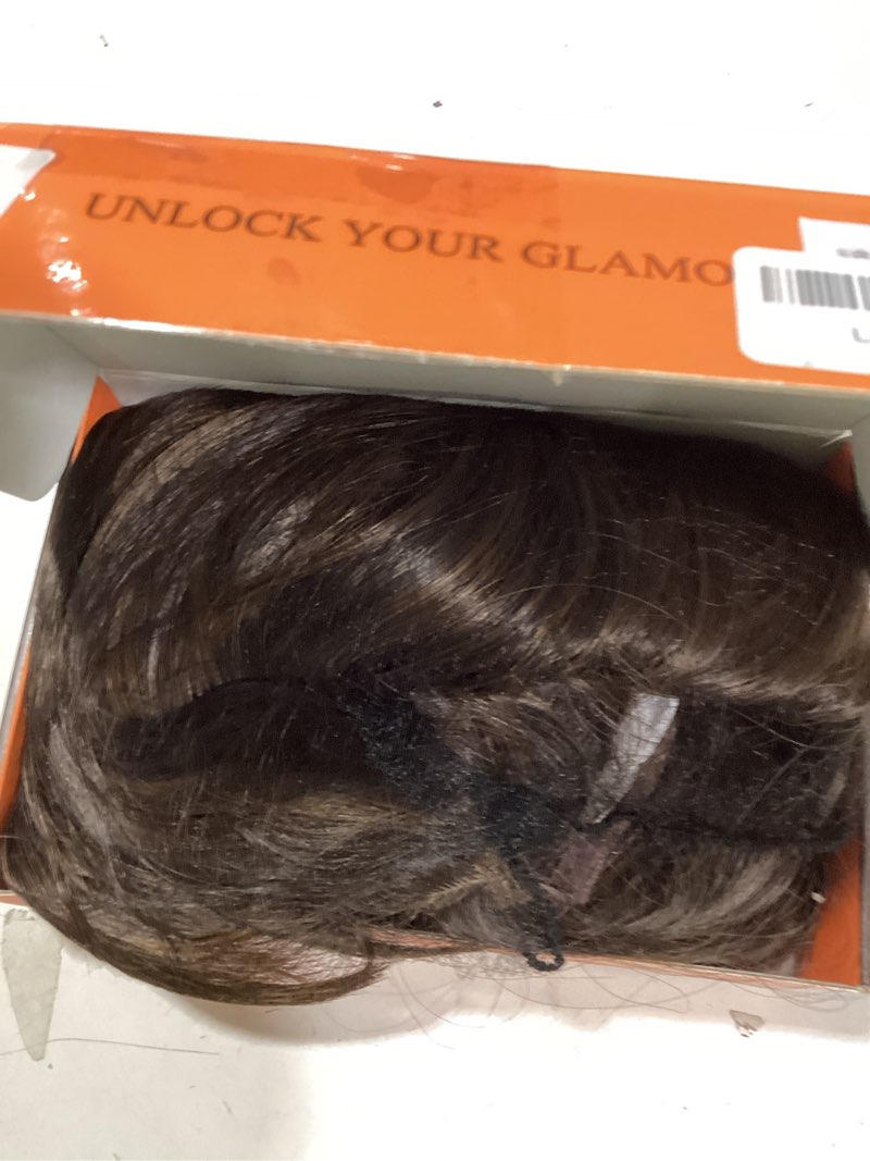 Condition photo showing As Is for haloo brown layered wigs with curtain bangs lace front hairline long wavy natural looking middle part synthetic hair wig for women daily party costume, 20 inch brown with highlights brown with highlights 20 inch