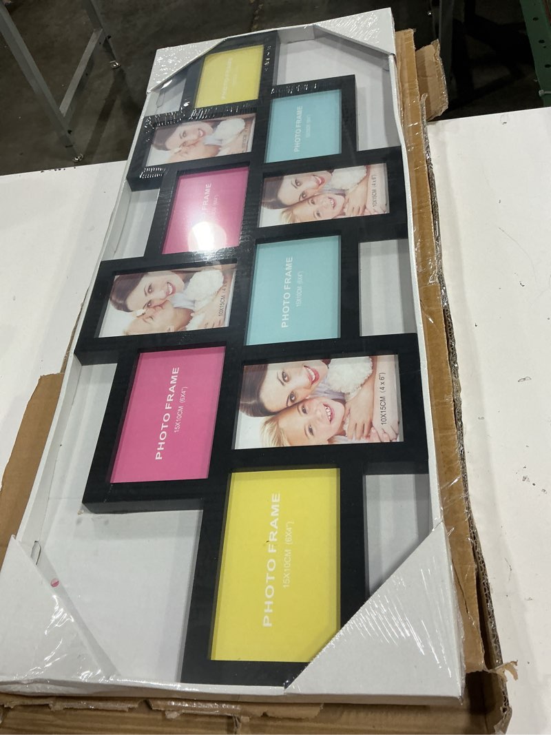 Condition photo showing New/Like New for j.m.deco irregular college picture frame 10 opening for wall decor, 4x6 picture frame collage for home decoration gifts, collage wall hanging photo frames for 6x4 photo, black black* 10 opening
