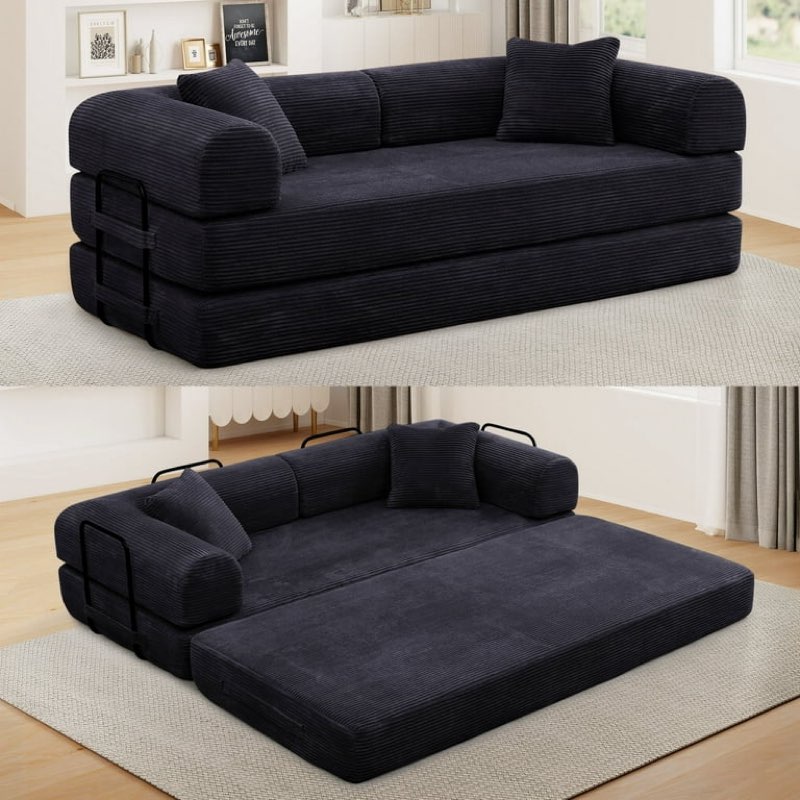 5-in-1 convertible folding sofa bed,full tri-fold mattress with removable l-shaped armrests,corduroy boneless couch floor sofa futon couch sleeper with pull out bed for living room bedroom apartment