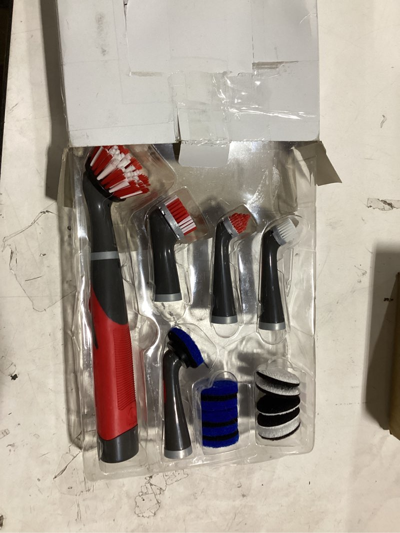 Condition photo showing As Is for rubbermaid reveal power scrubber 18-piece kit, cordless electric battery powered scrub brush, water resistant, for home/kitchen/bathroom/grout/tile/shower/tub