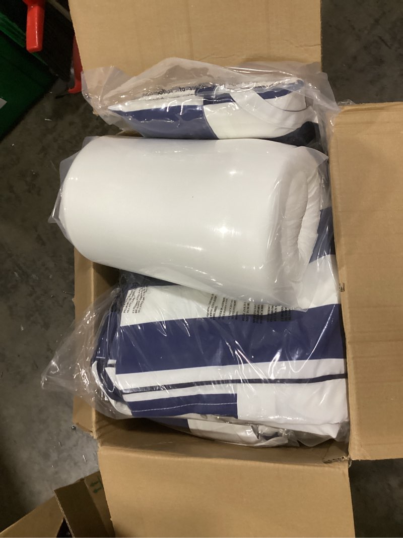 Condition photo showing New/Like New for outdoor foam cushion set of 4 (blue and white)