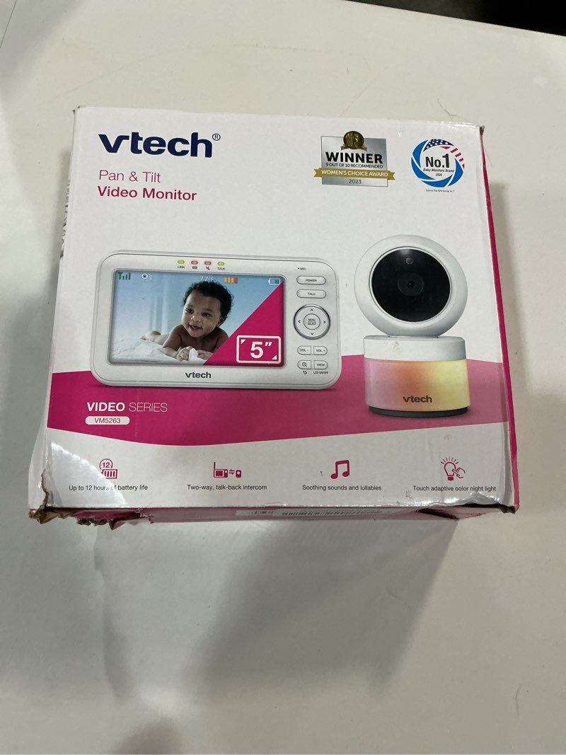 Condition photo showing New/Like New for vtech video baby monitor with camera and audio, 5" hd lcd screen, pan-tilt-zoom, 2-way talk, vox mode, night lights, lullabies, soothing sounds, temperature sensor, long range, no wifi: vm5263 (white) white 5-inch hd lcd screen 1