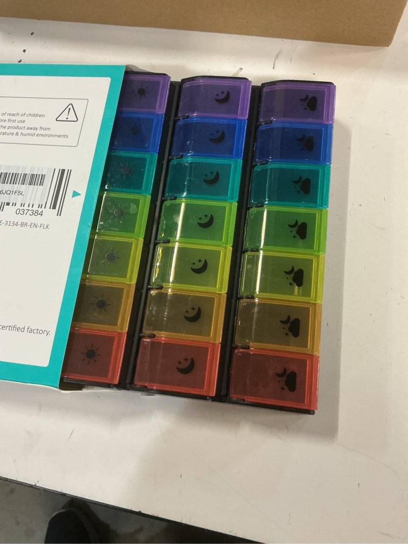 Condition photo showing New/Like New for fullicon weekly pill organizer 4 times a day, large capacity pill case with easy fill, medicine organizer for vitamin, supplement & pill, great gifts for seniors (black rainbow) - patent pending