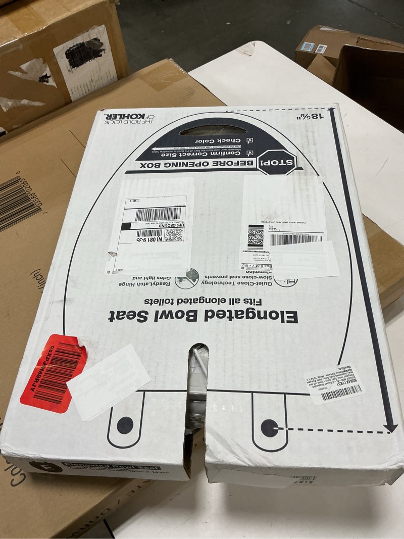 Condition photo showing As Is for KOHLER 4636-RL-0 Cachet ReadyLatch Elongated Toilet Seat Slow Close, Soft Close Toilet Seat Quiet Lid, Contoured Grip-Tight Bumpers Installation Hardware, Apartment Essentials, White White Elongated Ready Latch