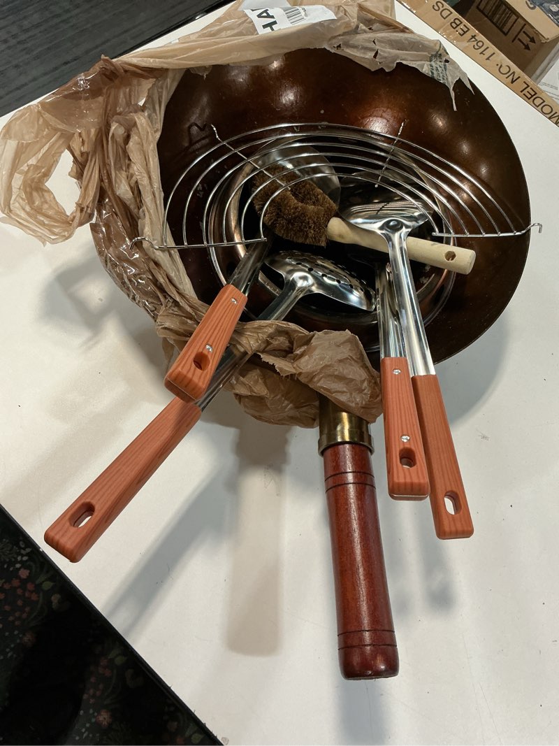 Condition photo showing As Is for Carbon Steel Wok Traditional Hand Hammered - 13.4" Chinese Woks Round Bottom Wok Pan Set with 8 Pcs Cookware Accessories