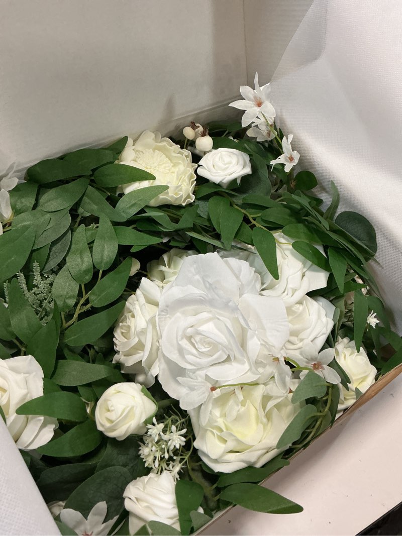 Condition photo showing New/Like New for ling's moment flower garland - 6ft eucalyptus & rose - sweetheart table decor for wedding reception, artificial floral garland for mantle, spring garden ceremony, christmas decoration, ivory white wht-ivory