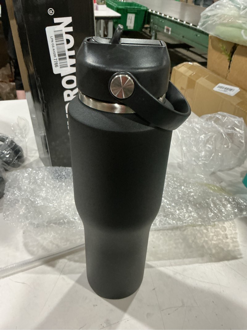 Condition photo showing Good Condition for hydrowion 32oz stainless steel water bottle(cold for 48 hrs, hot for 24 hrs),double wall vacuum insulated water bottle with straw lid, spout lid and flex cap, fit in any car cup holder,black black 32 ounces