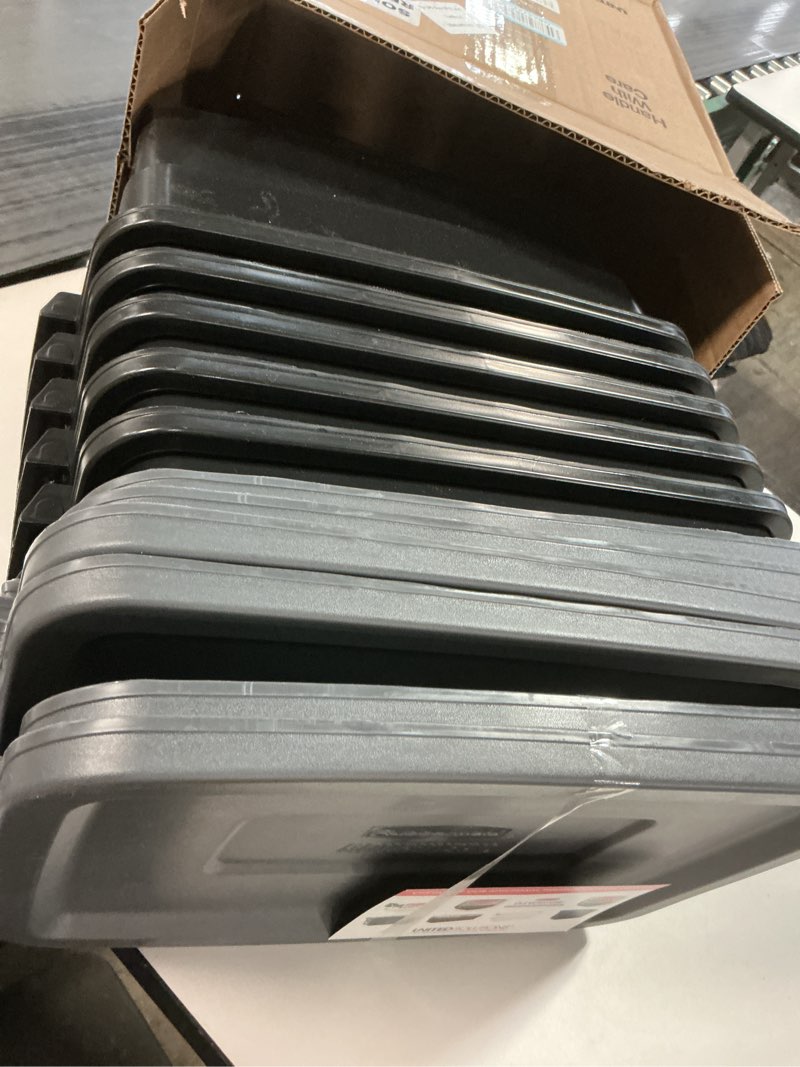 Condition photo showing Good Condition for Rubbermaid 6-Pack Heavy Duty Durable 3 GAL Totes for Storage with Snap Lids and Handles, Plastic Storage Bins Stackable Black Gray for Home and Garage (3 GAL - 6 Pack Solid Black and Grey)