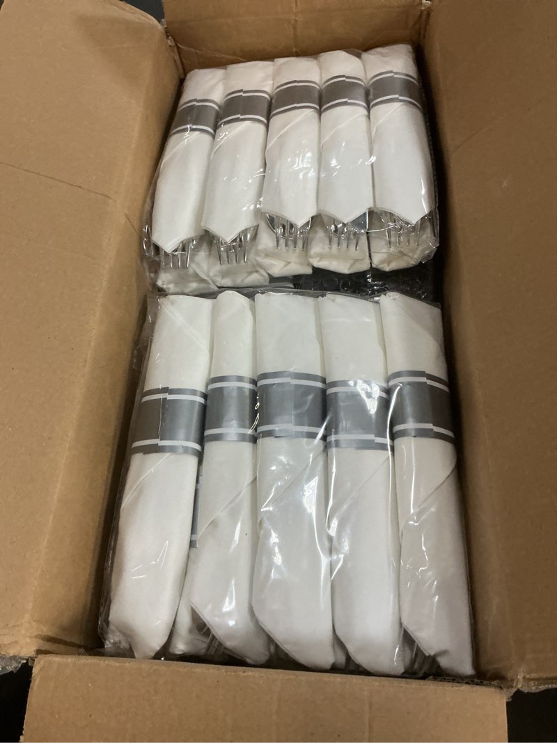 Condition photo showing New/Like New for hioasis 350pcs blue silver plastic plates - silver plastic dinnerware set includes 50 dinner plates, 50 dessert dinnerware, 50 cups, 50 napkins perfect for wedding & party blue and silver 350 pieces (50 guests)