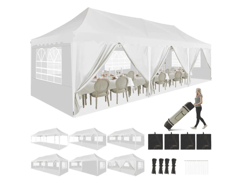 HOTEEL 10x30 Pop Up Canopy Tent with 8 Sidewalls,Heavy Duty Wedding Event Tents,Party Gazebo with Roller Bag,UPF 50+ Windproof Waterproof,White  