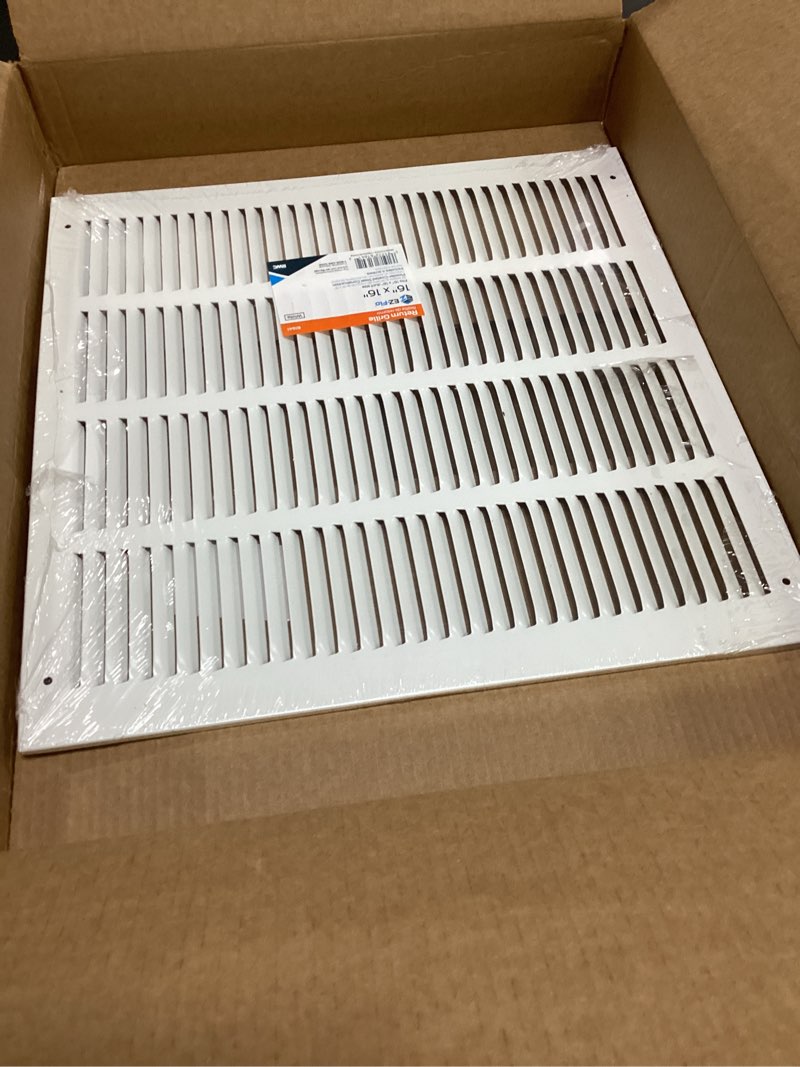 Condition photo showing New/Like New for ez-flo 16 x 16 inch (duct opening) return air vent cover for wall or ceiling, solid steel return air grille, hvac vent cover, white, 61641 16 in. x 16 in. grille