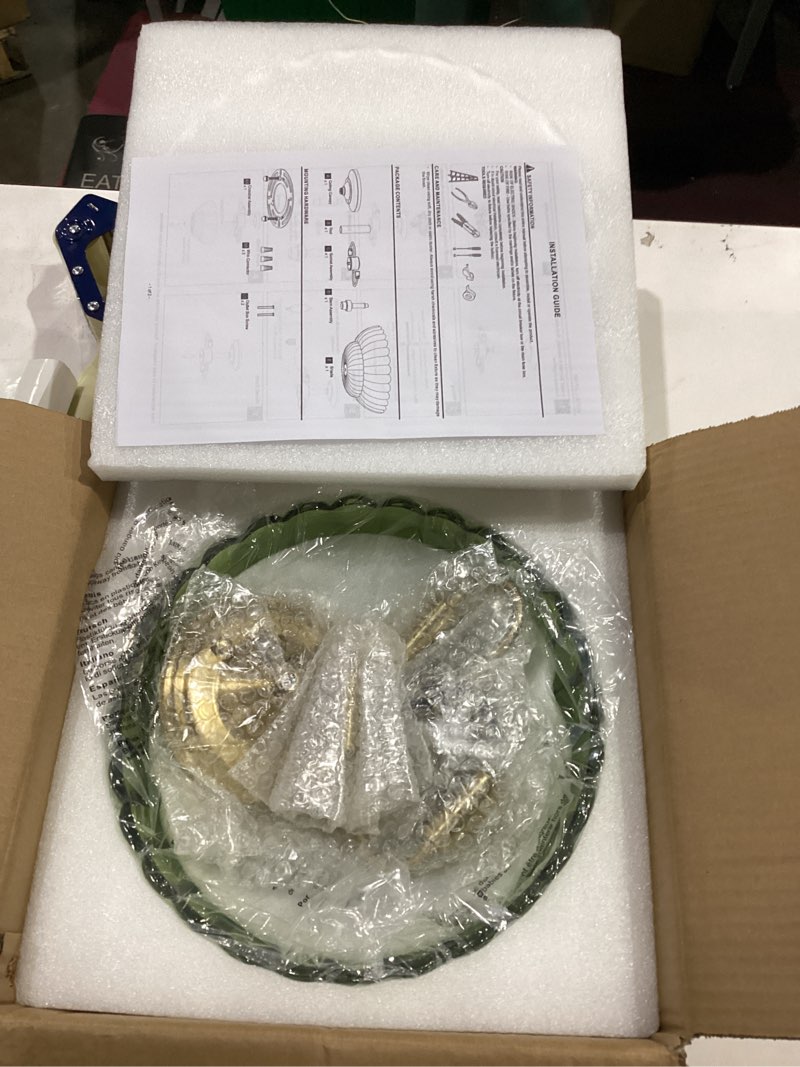 Condition photo showing Good Condition for Semi Flush Mount Ceiling Light, Scalloped Clear Glass Close to Ceiling Light Fixtures with 2 Lights, Gold Vintage Light fixtures for Bedroom Living Room Entryway Hallway