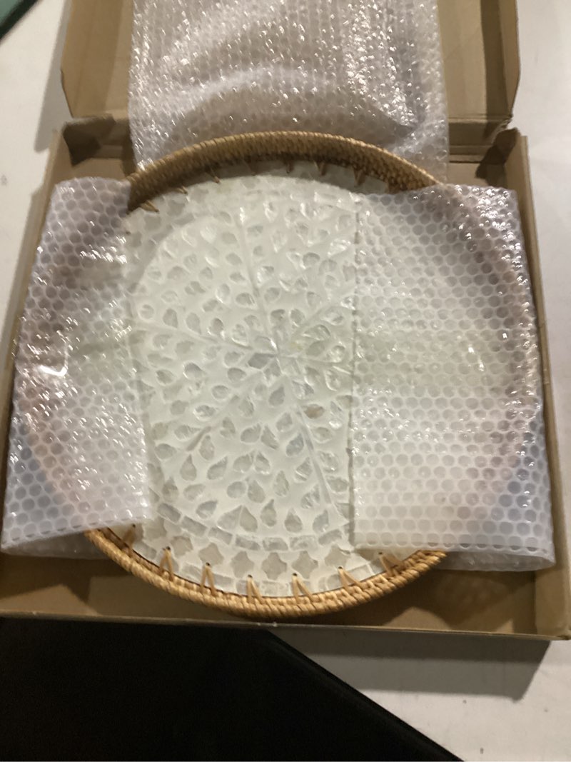 Condition photo showing Good Condition for i-lan 16 Inch Rattan Round Serving Tray with Beige MOP Wooden Base, Extra Large Wicker Ottoman Serving Platter with 1”Side, Woven Basket Plates for Home Décor, Coffee Table, Display White