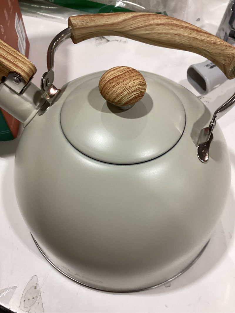 Condition photo showing New/Like New for tea kettle, belanko 85 oz / 2.5 liter whistling tea kettle pots for stove top food grade stainless steel with wood pattern folding handle, loud whistle for tea, coffee, milk - milk white