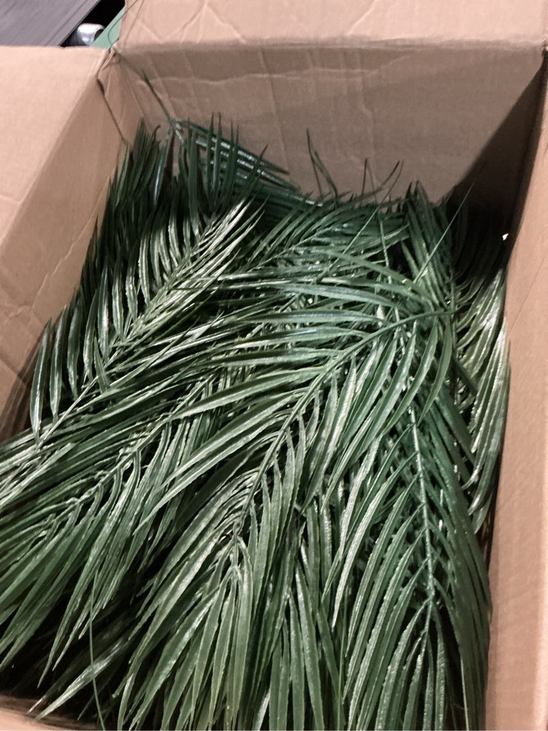 Condition photo showing Good Condition for jexine 100 pcs easter palm leaves for palm sunday artificial fake branches tree stems large faux greenery plants fronds for church holy week hawaiian jungle wedding party decoration (18.9 x 7) 100 18.9 x 7"