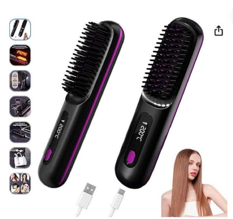 cordless hair straightener brush, go brush pro 2 in 1 for straightening and curling, portable & rechargeable travel hair straightener comb, negative ion 4000 mah battery