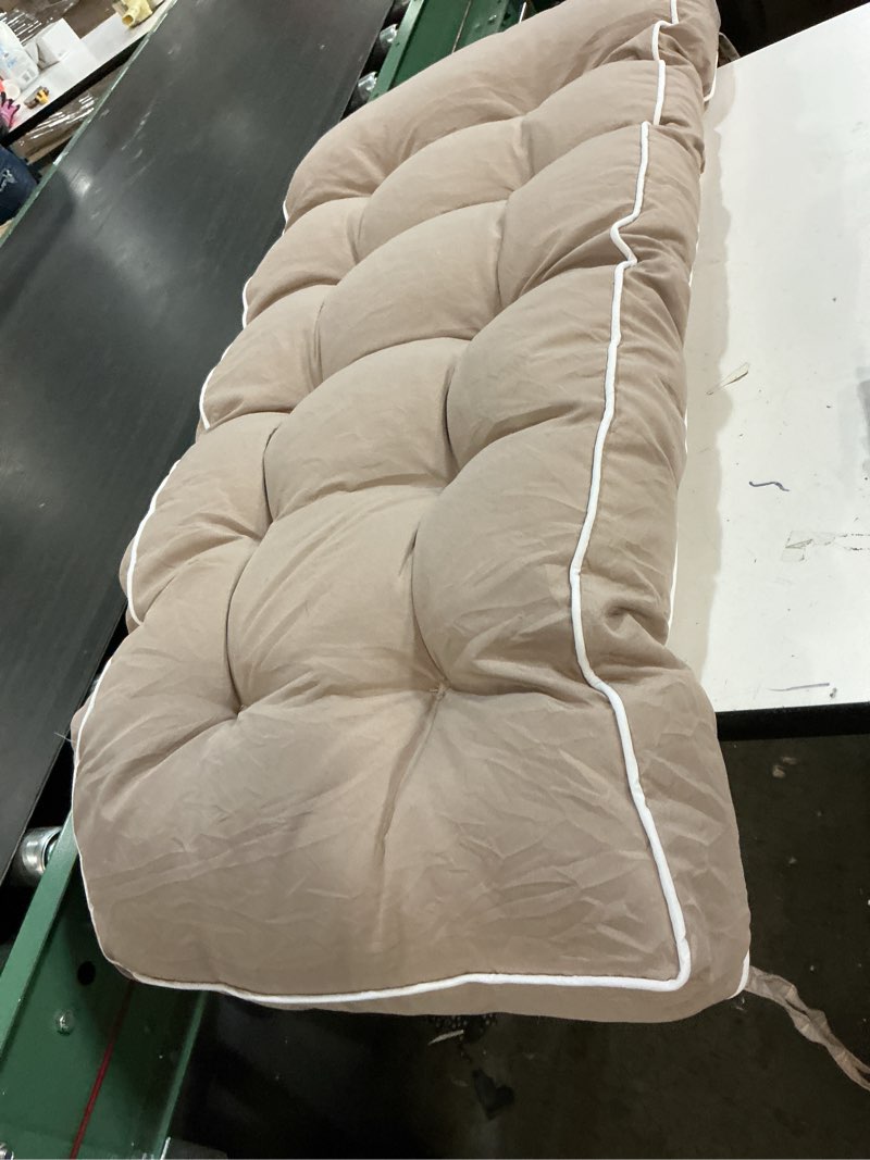 Condition photo showing Good Condition for 3 Seat 57 Inches Outdoor Porch Swing Cushions,Water-Resistant Tufted Patio Swing Replacement Cushions Khaki 57x19 inch (only one piece)