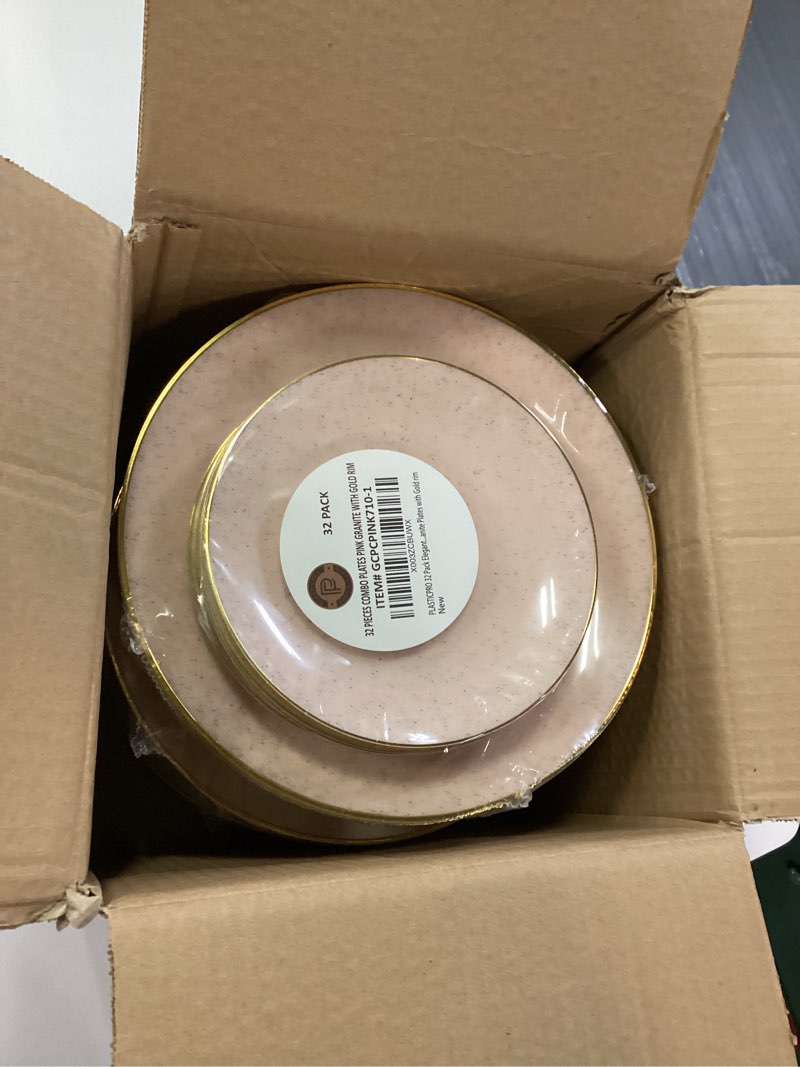 Condition photo showing New/Like New for PLASTICPRO 128 Pack Elegant Disposable Plastic Plates Combo Set Includes 64 Dinner Plates and 64 Salad Plates Heavy Duty Fancy Party Plates Black & Gold Contemporary Design 128 Black & Gold Contemporary