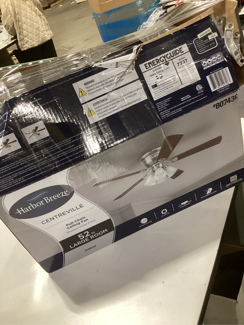 Condition photo showing As Is for harbor breeze centreville 52-in brushed nickel with nutmeg/cocoa blades flush mount ceiling