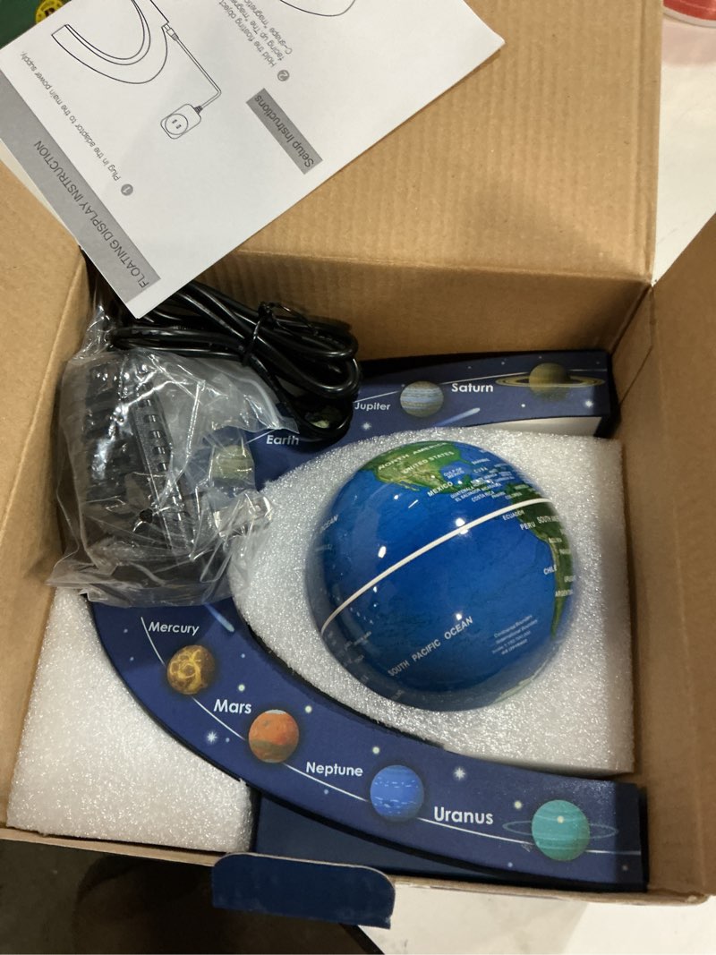 Condition photo showing Good Condition for floating globe, magnetic levitating geographic globes with led lights, desk spinning rotating globes for kids, men and family (blue, 3 inch) blue 3 inch