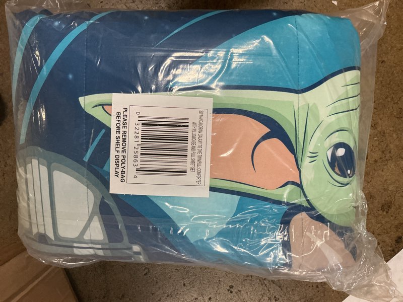 Condition photo showing New/Like New for the mandalorian baby yoda kids 2 piece blue reversible comforter and sham bedding set, twin/full