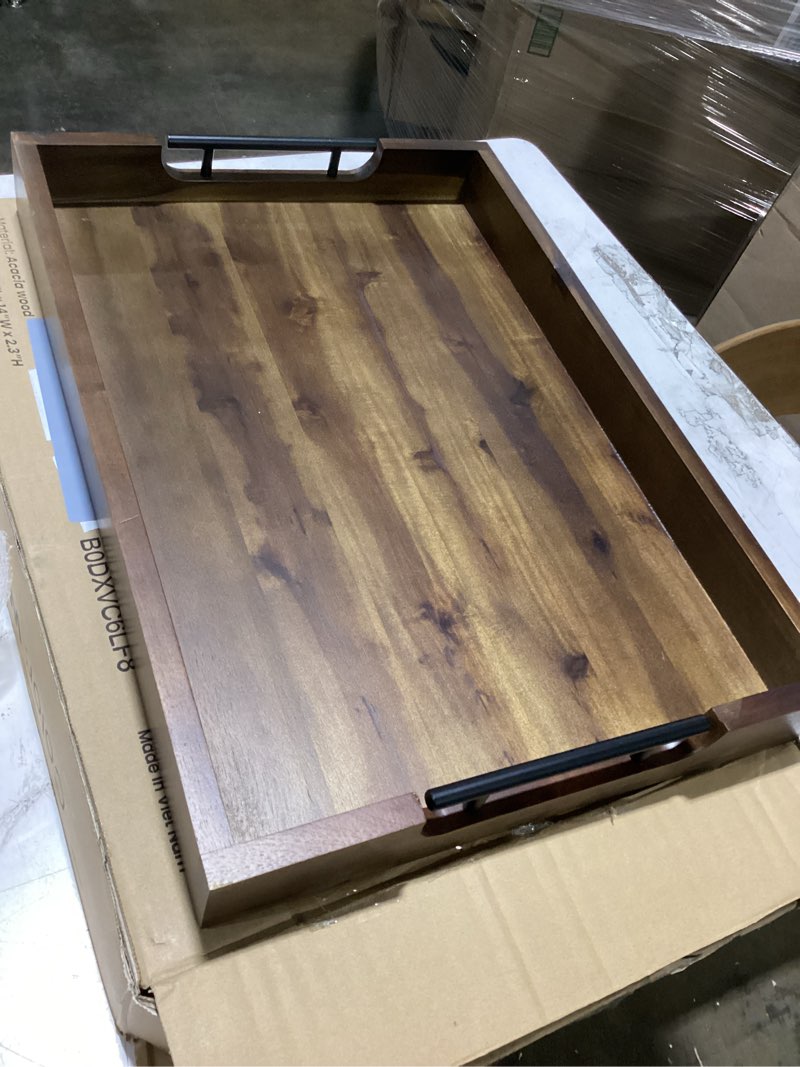 Condition photo showing Good Condition for tidita 20"x14" wooden large serving tray, walnut color, metal handles | acacia wooden tray for ottoman, wooden ottoman tray for living room, decorative trays for coffee table, non-slip pads walnut color 20" x 14" x 2.3"