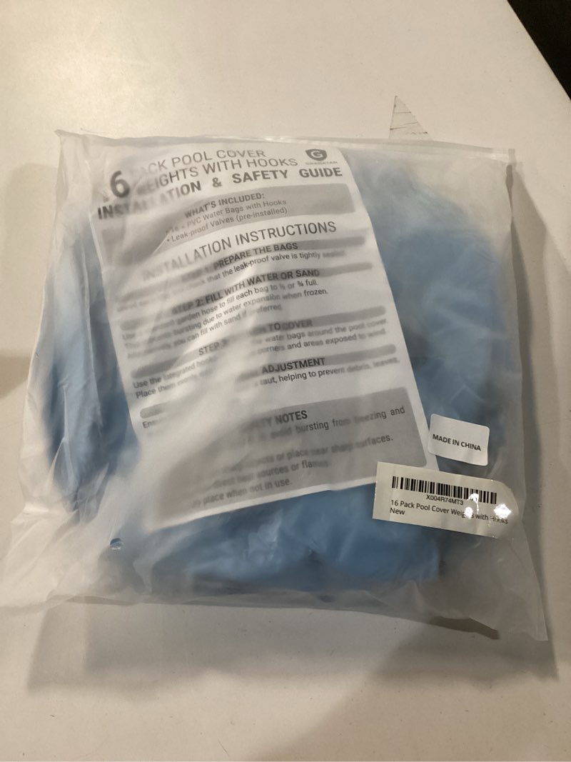 Condition photo showing New/Like New for 16 Pack Pool Cover Weights with Hooks, Leakproof PVC Water Bags for Above Ground Pool Cover, Antifreeze Winter Pool Tarp Weights for Swimming Pool Cover